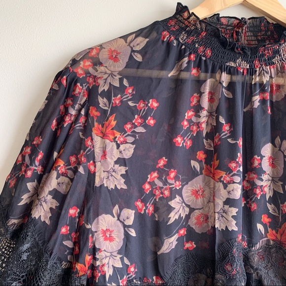 SOLD Zara | Sheer Navy Floral Blouse Lace Accents - Picture 3 of 8